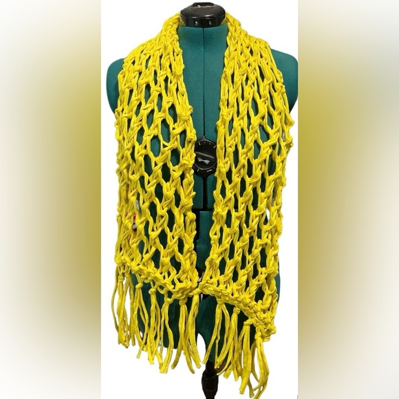 Hand Crafted Yellow Year Round Cotton Knit Chunky Lace Scarf With Tassels - Picture 4 of 5